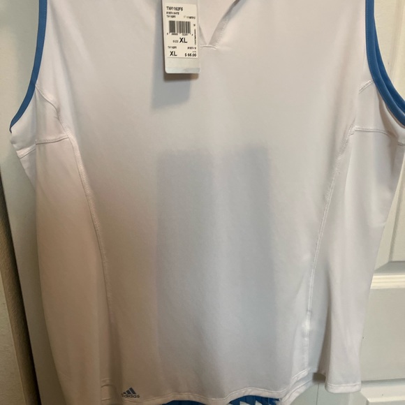 ADIDAS NWT AUTHENTIC CLIMACOOL WHITE & BLUE TRIM SLEEVELESS GOLF PLEATED BLOUSE - Picture 14 of 16